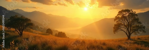 Serene landscape bathed in golden sunlight, evoking feelings of peace, contemplation, and connection to a higher power Perfect for themes of faith, hope, and spiritual awakening , awakening, divine