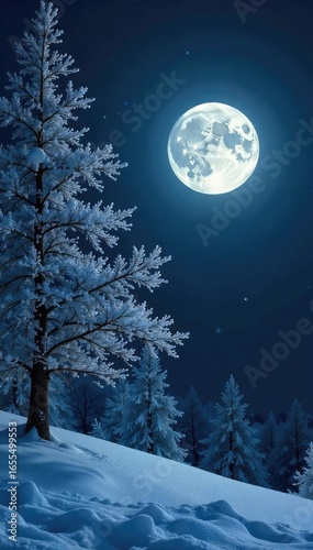 Dramatic Winter Night Landscape Frozen Branches Reach for the Moon Under a Stark Black Sky, Creating a Tranquil and Mysterious Scene, Perfect for Winter, Nature, and Dark Fantasy Themes.
