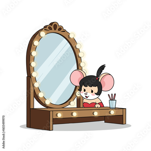 A charming cartoon mouse in a red dress preparing herself at an illuminated vanity mirror.