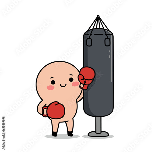 A cute cartoon character with boxing gloves is practicing punches on a gray punching bag, smiling cheerfully.