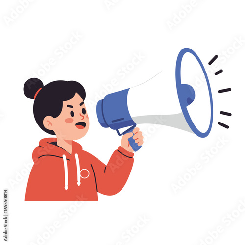 A determined person in a red hoodie shouts into a large white and blue megaphone, making an announcement or protest.