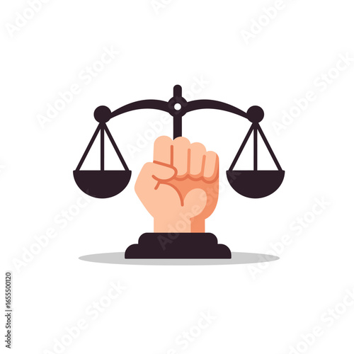 Illustration of a fist holding up the scales of justice, symbolizing power and equality.