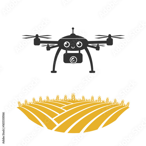 A cartoon drone with a smiling face and camera flies over a golden field of wheat or grain.