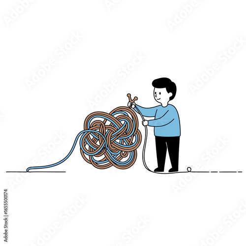 Cartoon man untangling a large, complex knot of brown and blue yarn, pulling on the string to solve the problem.