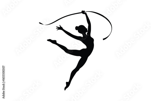 Rhythmic gymnast performing with ribbon silhouette isolated on white background