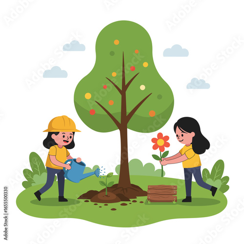 Two girls planting a sapling and tending a flower near a fruit tree.