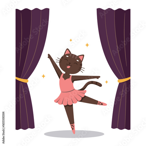 A cute cartoon cat ballerina in a pink tutu dances gracefully on a stage with purple curtains.