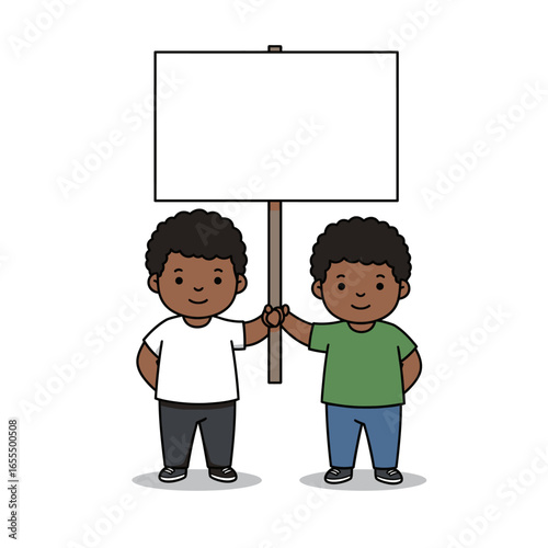 Two smiling children of color holding a blank protest sign together, symbolizing unity and shared expression.