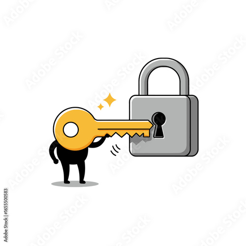 A cartoon figure with a key is about to unlock a padlock, symbolizing access and security.