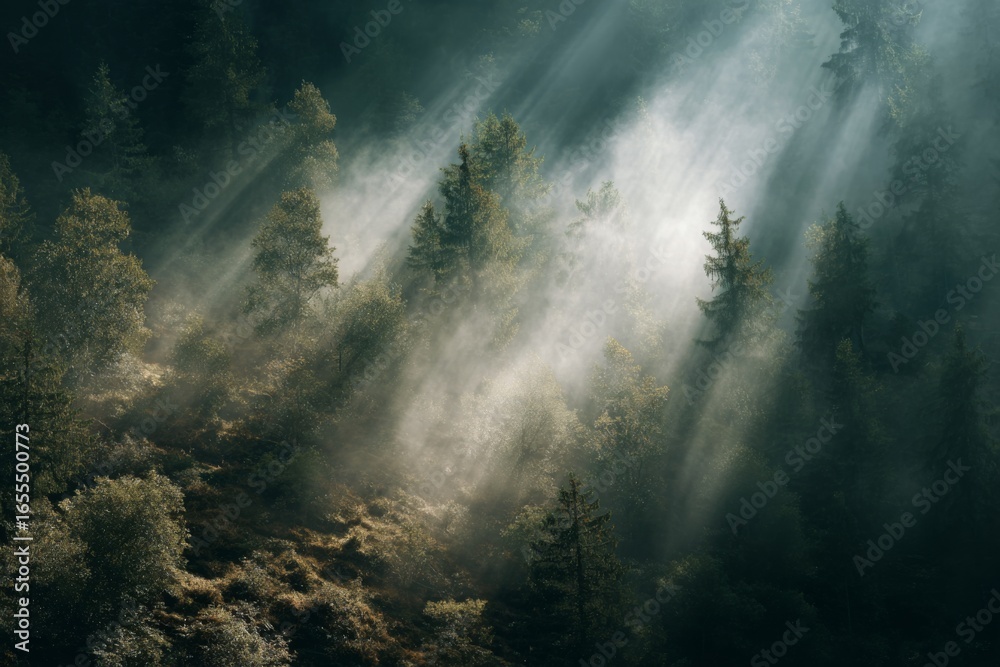Fototapeta premium Forest clearing with a mystical light beam shining from above, creating a magical and atmospheric natural scene.