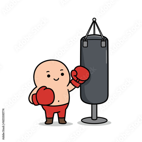A cheerful, bald cartoon boxer punches a hanging heavy bag.