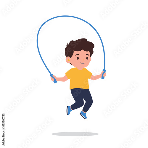 A young boy joyfully jumps rope, actively engaged in a fun childhood activity, demonstrating energy and playfulness.