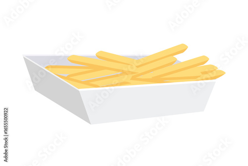 Golden french fries in a white carton. Delicious food. Delicious french fries. Fast food. 