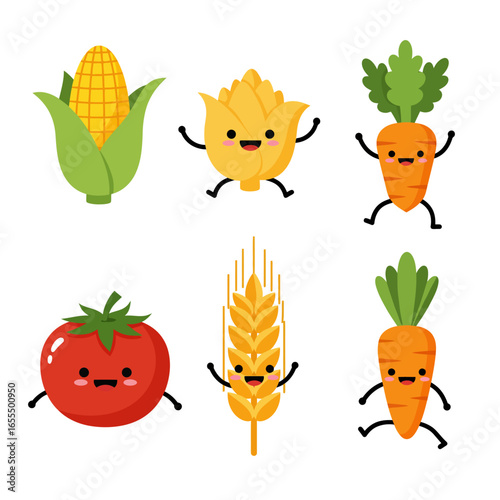 A cheerful collection of anthropomorphic cartoon vegetables and grains, including corn, carrots, tomato, and wheat, all with smiling faces and limbs.