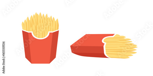 French fries in a red carton box. French fries packaging. Food packaging. Potato food. Fast food. Delivery french fries. 