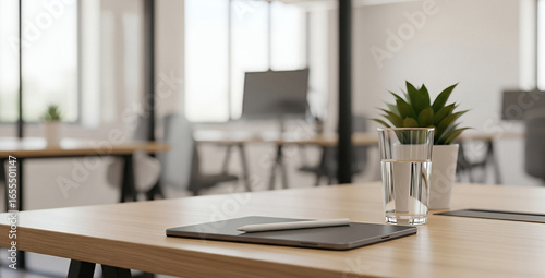 Office interior with desk plant and document holder on wooden table, softly styled with natural daylight, evoking a clean and professional workspace atmosphere.