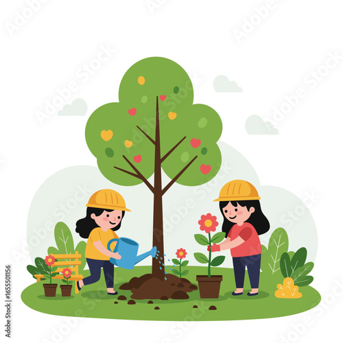 Two smiling girls in yellow hard hats work together to plant a tree and flowers in a green park.