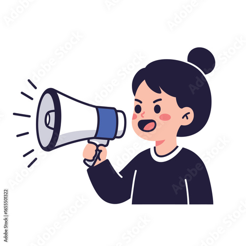 Girl enthusiastically announces news using a megaphone.