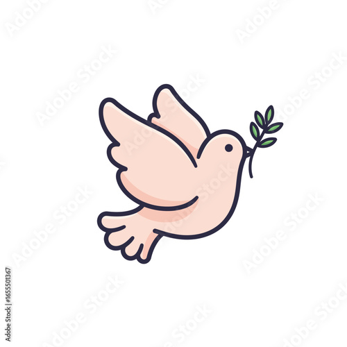 Illustration of a light pink dove in flight, holding a green olive branch in its beak, symbolizing peace.