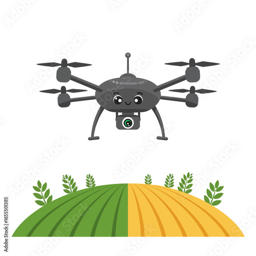 A cute cartoon hexacopter drone with a camera and smiling face hovers over a farm field.