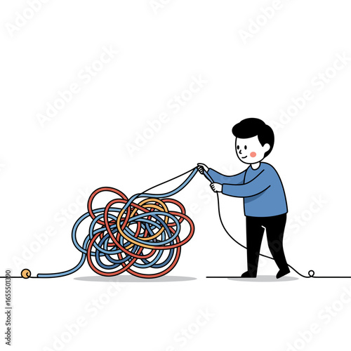 A cartoon character diligently pulls a single strand from a massive, colorful tangle of ropes, symbolizing problem-solving.