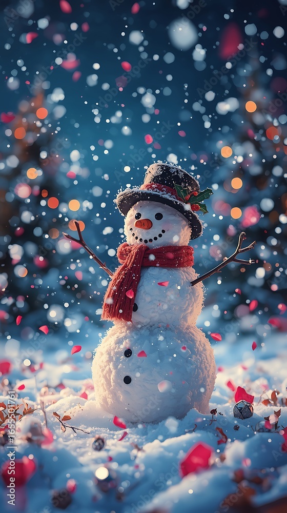 Obraz premium cheerful snowman in forest – winter scene with falling petals and glowing lights