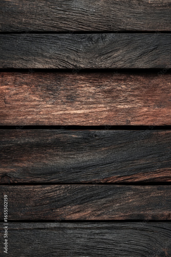 Fototapeta premium Close-up of aged, dark wooden planks. Horizontal, weathered wood grain. Intensely dark tones with hints of reddish-brown