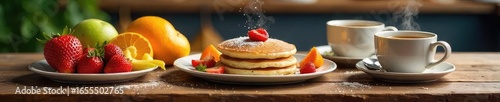 A rustic kitchen table laden with a delicious and healthy breakfast spread; perfectly ripe fruit, fluffy pancakes, and steaming coffee await a hungry start to the day , golden, food