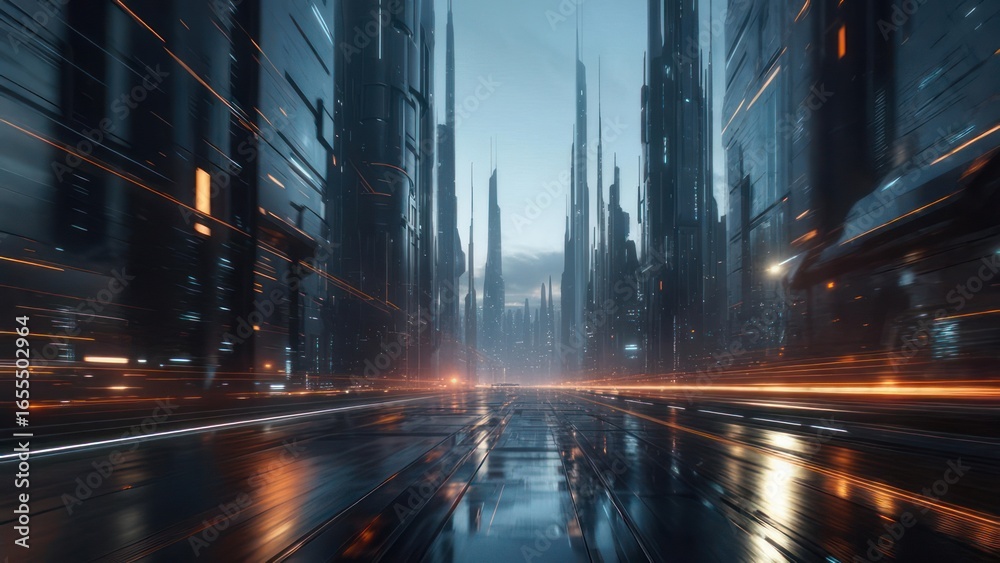 Fototapeta premium Futuristic city street at dawn