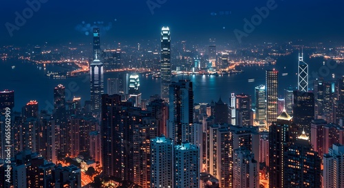 Wallpaper Mural Modern Cityscape at Night: Bustling Metropolis with Illuminated Skyscrapers and Harbor Torontodigital.ca