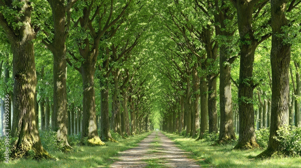 Fototapeta premium A lined avenue of trees stretches into the distance.