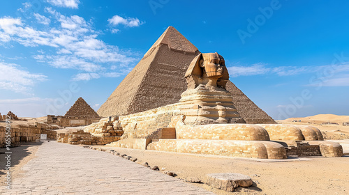 Majestic pyramid and sphinx under clear blue sky, showcasing ancient architecture and history
