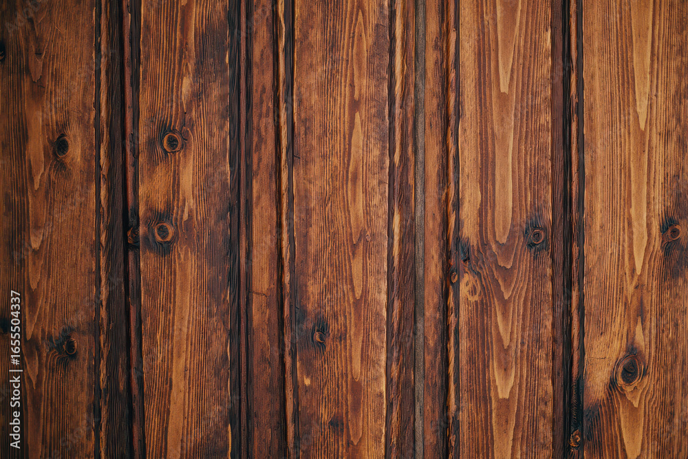 Naklejka premium Closeup view of a dark brown weathered wood plank texture with visible grain and knots