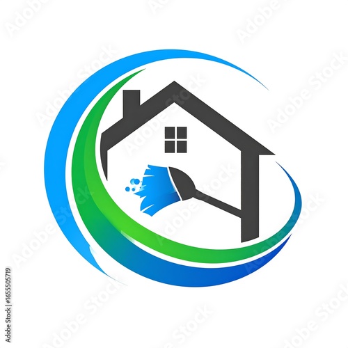A house icon within a blue and green circular design, accompanied by a cleaning brush