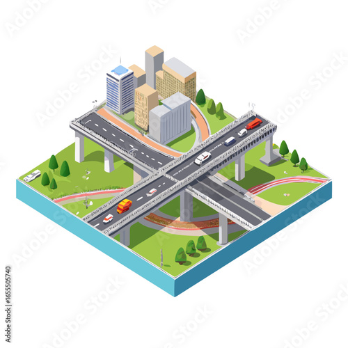 Illustration of a complex highway interchange with multiple overpasses and city skyline in the background