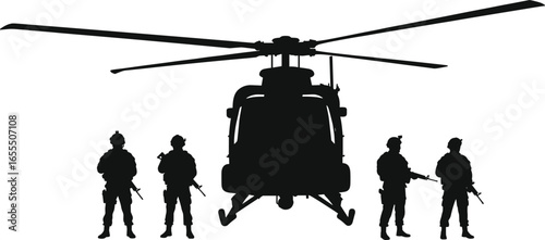 Military soldiers standing near helicopter, armed forces, army troops, combat readiness, tactical gear, defense, security, war zone, silhouette