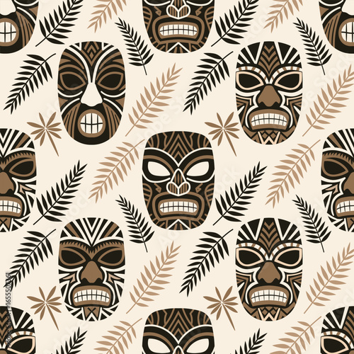 Seamless tribal mask pattern with tropical leaves, ethnic ornament inspired by traditional Polynesian and Hawaiian culture, vector background design