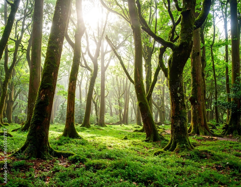 Naklejka premium Lush forest bathed in sunlight