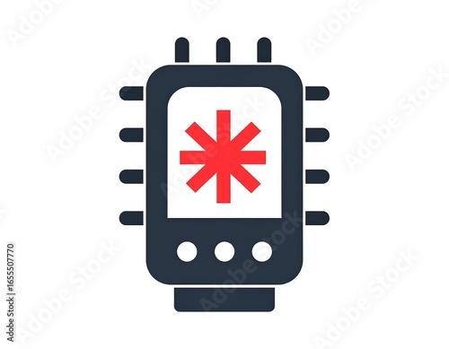 A stylized dark-grey device with a red asterisk on its screen, resembling a microchip