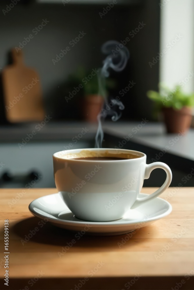 Obraz premium A steaming cup of black coffee sits on a wood surface Soft focus kitchen backdrop provides ample copy space , photography, background, food
