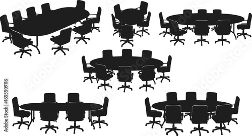 Modern office conference room setup with multiple round and oval tables, ergonomic swivel chairs, collaborative workspace, corporate meeting environment