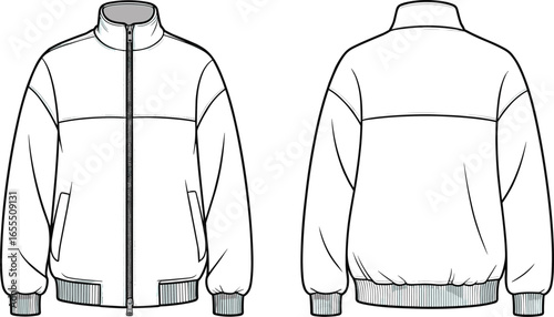 Jacket front and back view, high collar zip-up design, ribbed cuffs and hem, fashion flat sketch, apparel template, cad drawing flat vector illustration