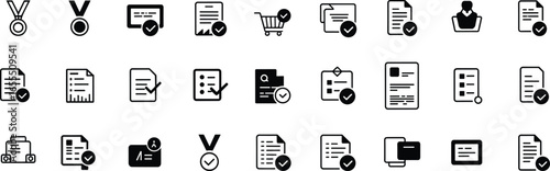 Certificate award document icons set, black solid outline diploma medal checklist approved file contract agreement official paper vector illustration