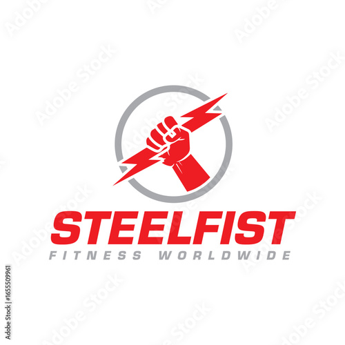 Powerful Red Fist Crushing Lightning Bolt: SteelFist Fitness Logo Design, Motivational, Strength, Energy