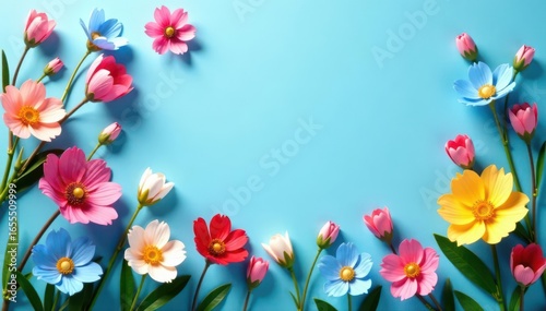 Blue spring banner, blooming flowers, joyful composition, spring background, banner, nature