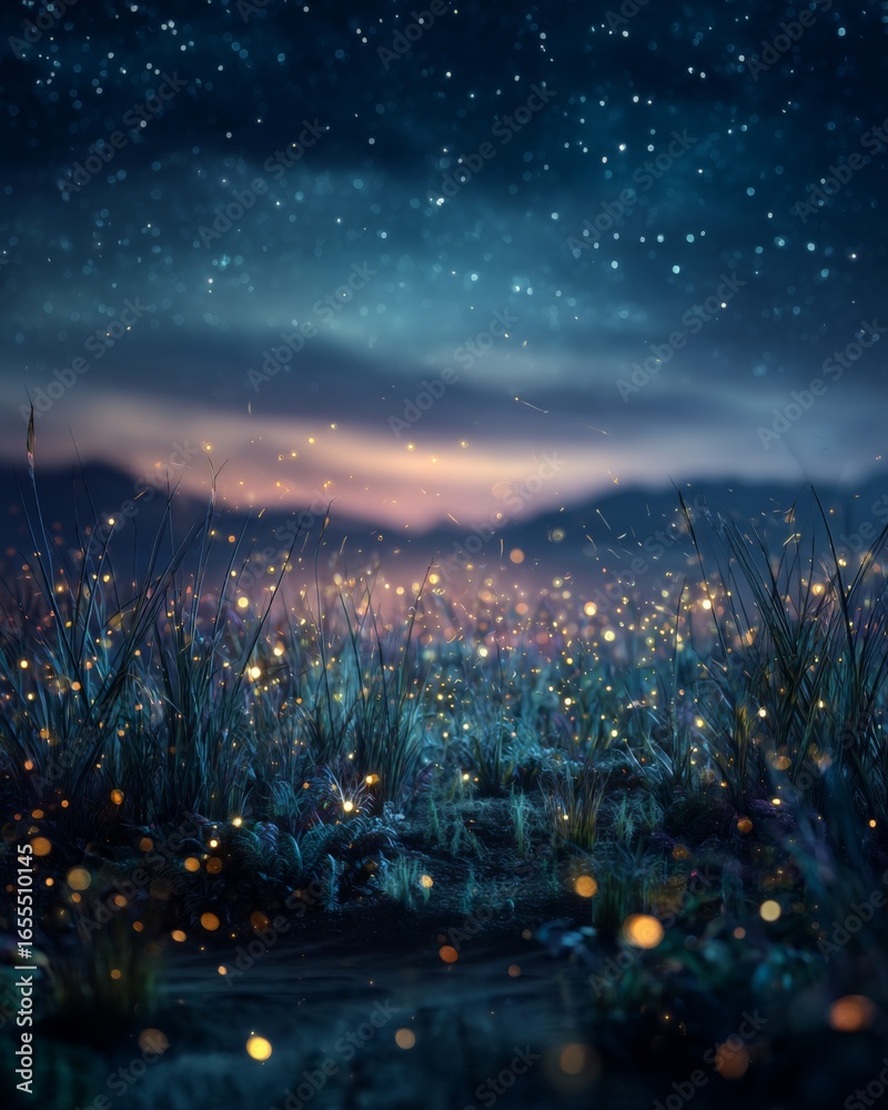 Obraz premium Dreamlike meadow under a starry night sky with glowing fireflies, evoking wonder and tranquility.