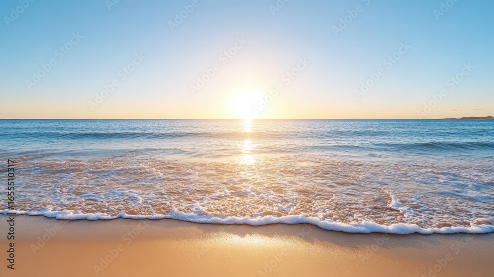Obraz premium Sunset over calm ocean waves gently lapping on sandy beach, creating serene atmosphere