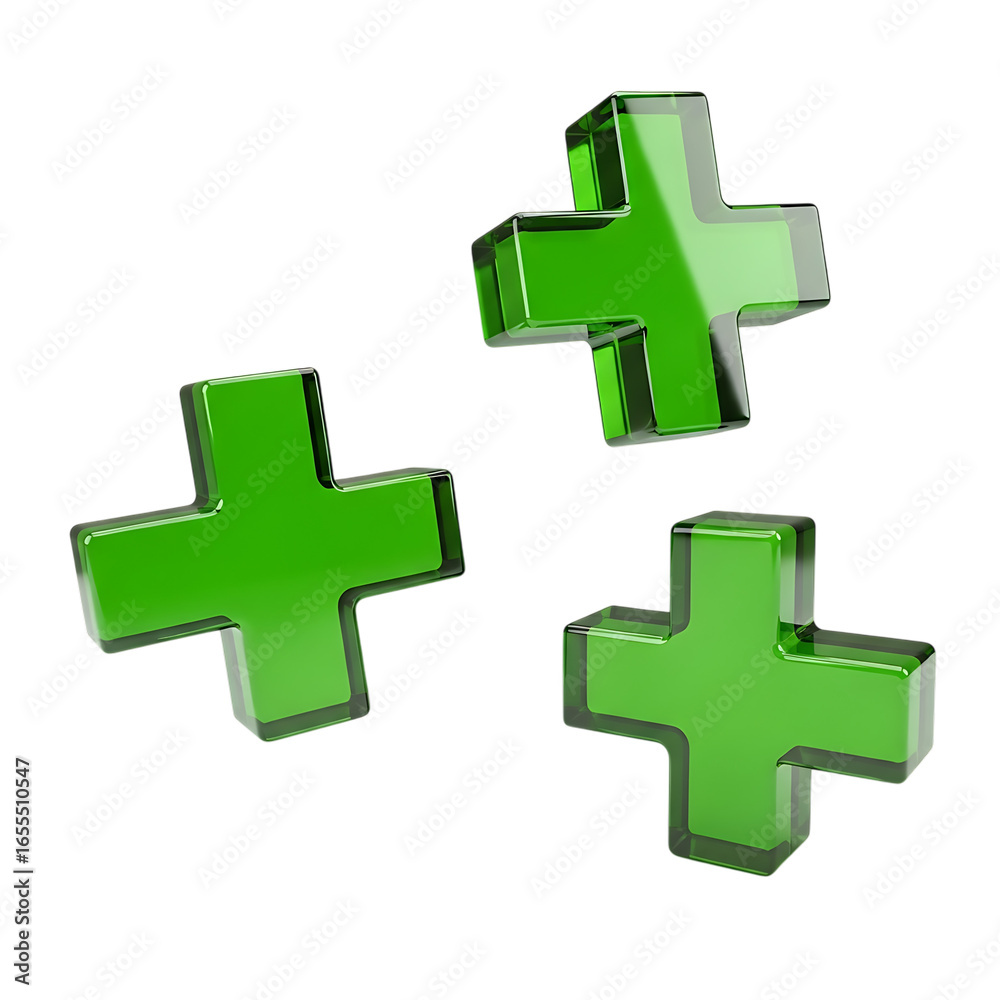 Fototapeta premium Three green plus signs are isolated on transparent background, representing addition, positive values, and medical assistance in a simple and clean design