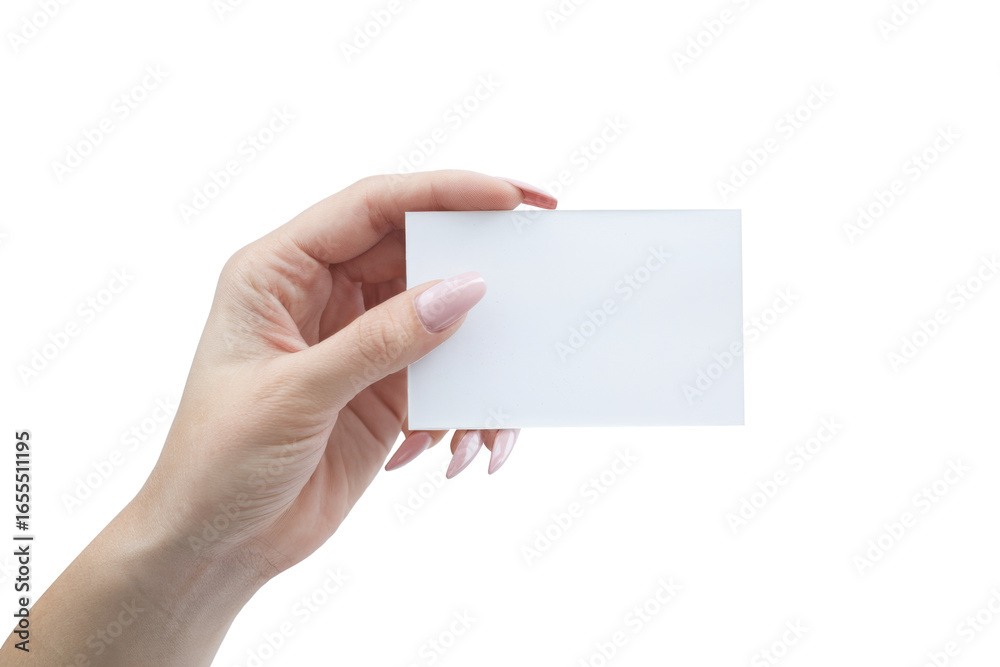 Obraz premium hand holding blank white card on white background
