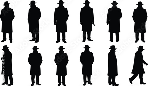 Mysterious man silhouettes in trench coat and fedora hat, spy figure collection, gangster poses, noir detective shadow illustration set